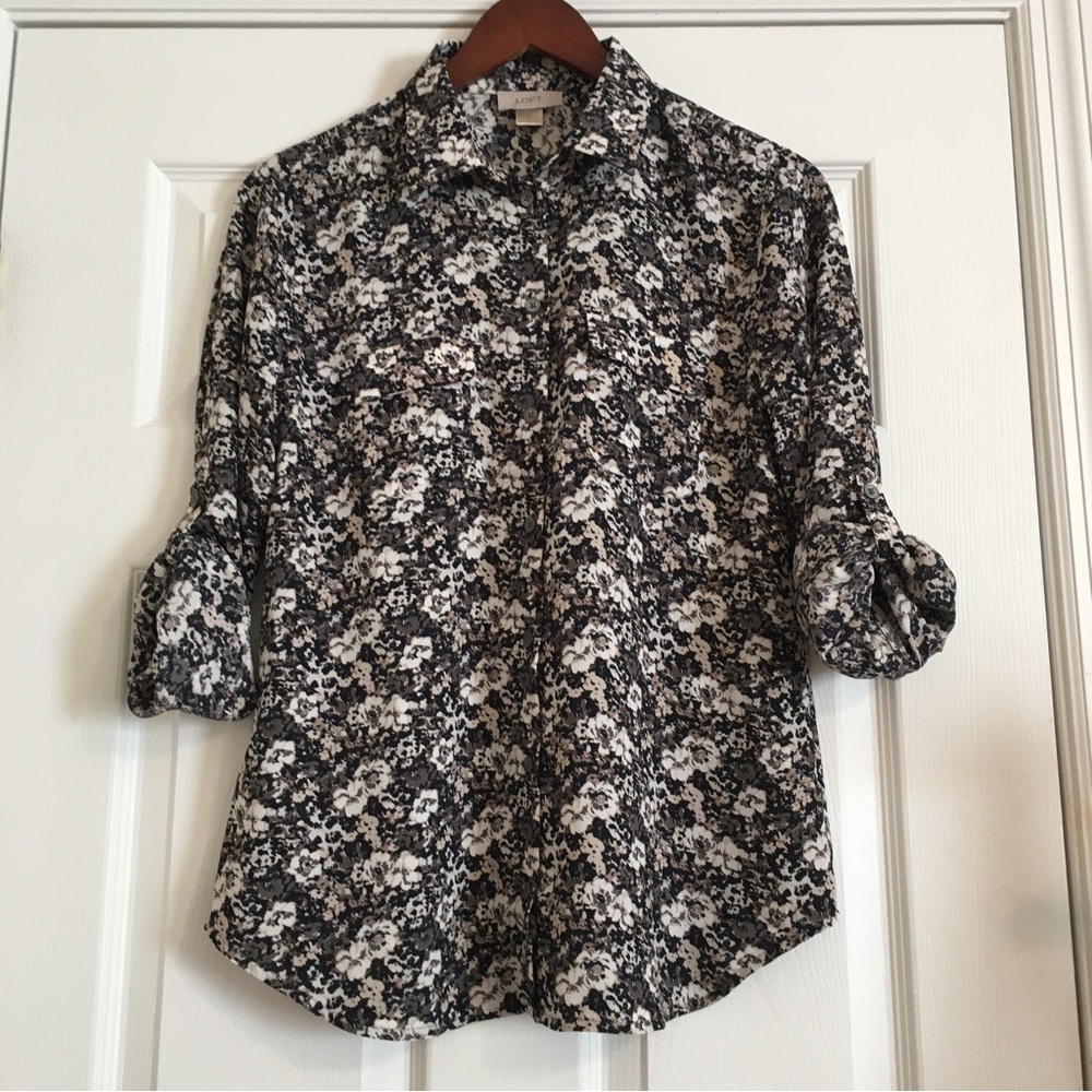 LOFT Black & White Floral Chiffon Button Front Blouse